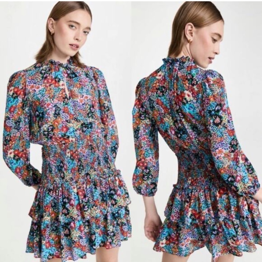 SHOSHANNA Vivien Floral Print Smocked Ruffle Mini Dress Fiesta Multi Size 4